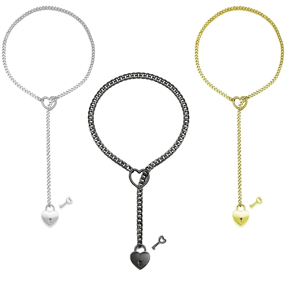 Adjustable Heart O-Ring Punk Rock Cuban Chain Necklace โ Lariat Y-Style Necklace with Key & Heart Lock Pendant